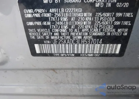 2020 Subaru Forester z USA, uszkodzony, nr VIN JF2SKADC3LH537014